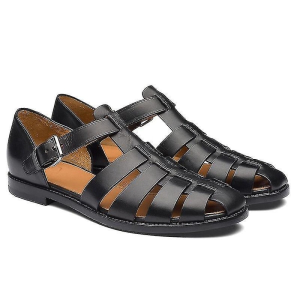 Men&#39;s Sport Sandals Closed Toe Outdoor Handmade Leather Sandal.43.Black