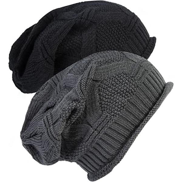 Mode 2-pack - Svart & mörkgrå slouchy mössa för damer, vinterstickad