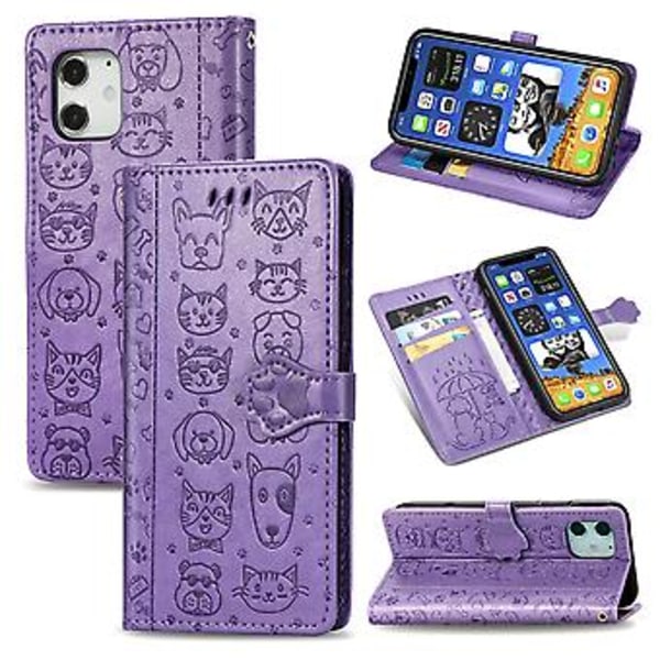Sött katt- och hundpräglat fodral för iPhone 12 / 12 Pro Purple