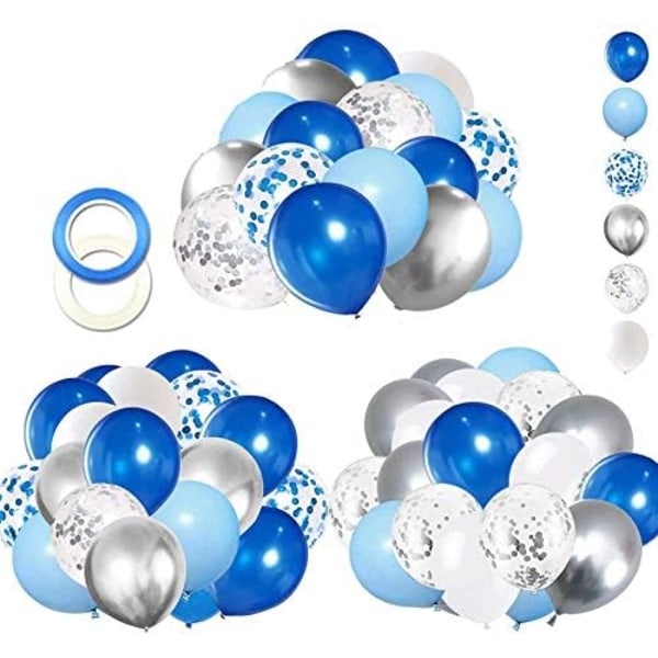 62-pack blå silver vit konfettiballongset, 12 tum vit kunglig blå ballonger metalliska silverballonger blå silver konfettiballonger för pojke födelsedag babyshower examensfest tillbehör