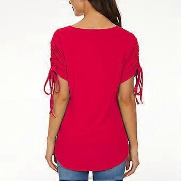 Rød XL Dame Bluse med Snøring i Ermene, V-hals, Ensfarget, Frontlomme, Moderne og Ledig Passform, Bluse for Dates