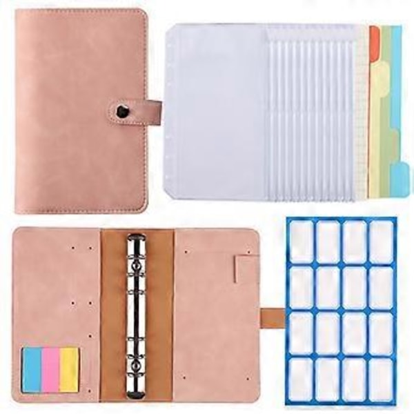 PIAO Pärm, med kontantkuvert för budget, PU-läderplånbokspärm, 6-rings kontantpärm, med 12 transparenta kuvert med dragkedja, A6, Rosa