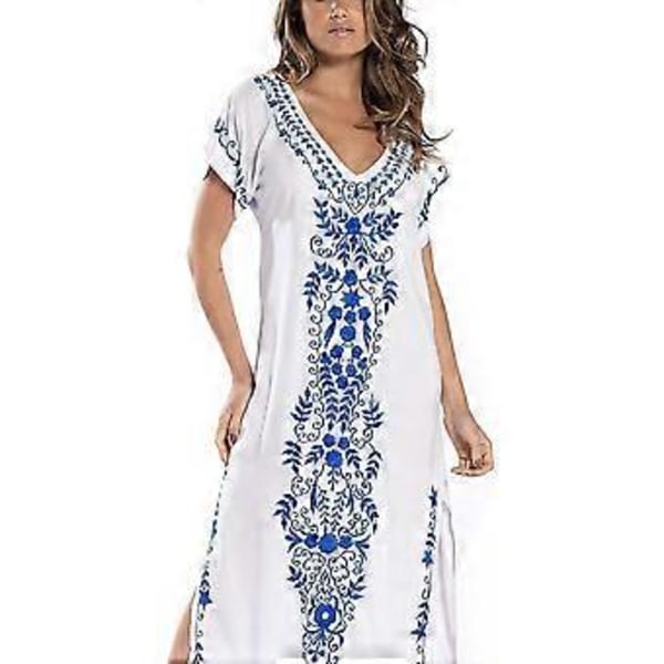 Dame Broderi Kortærmet Bikini Badedragt Cover Up Side Split Strandkjole (style1509)
