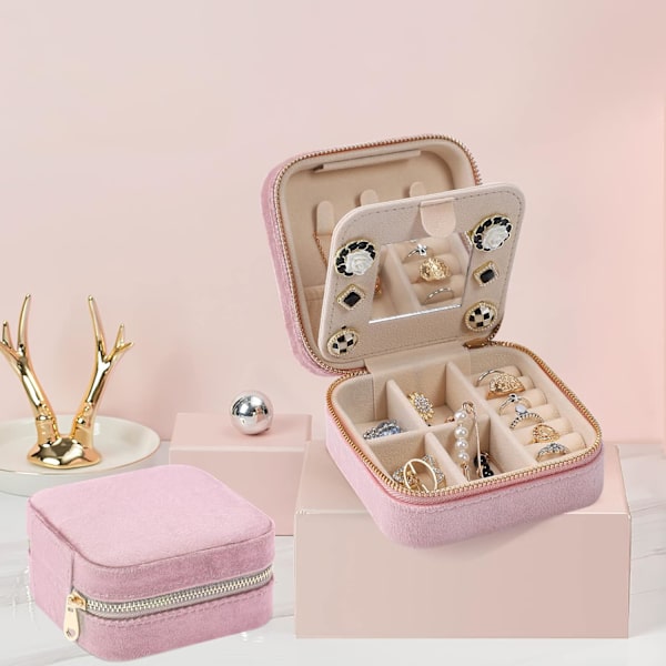 Mini smyckeskrin i sammet för resa (rosa) med spegel för örhängen,