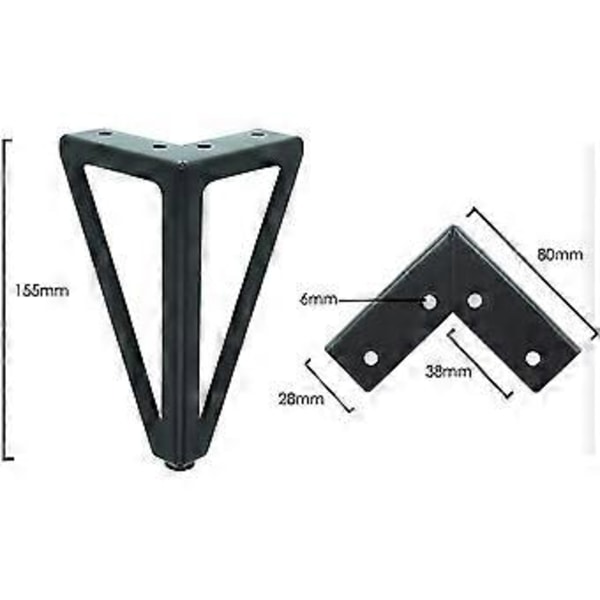 Set med 4 bordsben i svart metall - Utbytbara möbelben - För soffbord/TV-bänk/soffa/säng och andra möbelben - Med skruvar (15cm)