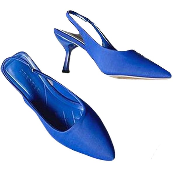 Women&#39;s Pointed Toe Heels Sandals Party Ankle Strap Slingback Stiletto High Heels Slip On Mules Shoes.42.Blue