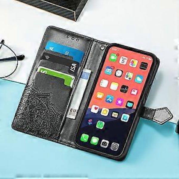 Wallet Case, Flip Case PU Lær Emboss Folio Magnetisk Støtte Cover Kortspor for iPhone 14