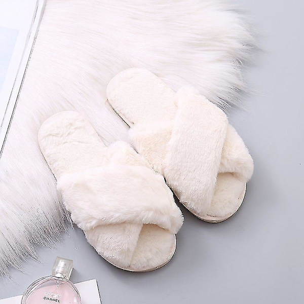 Varme Fluffy Tøfler Kvinder Plys Tøfler Komfortable Faux Fur Cross Indendørs Gulv Tøfler Flad Blød Pels Sko Damer Kvinder..
