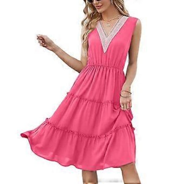 Väljällä helmalla varustettu yksivärinen hihaton midimekko, rento asu, hihaton rento lomatyylinen mekko päivittäiseen käyttöön, ruusunpunainen S rose Red S
