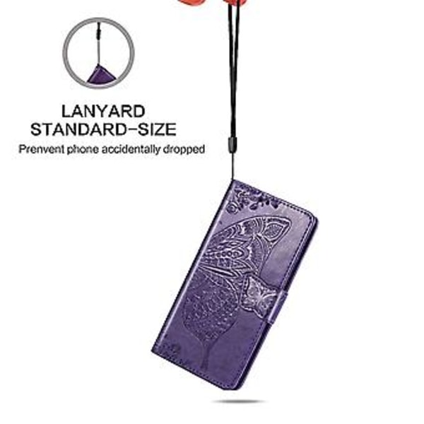 För Huawei Y5P 2020 Fjäril Kärlek Blomma Präglat Horisontellt Flip Läderfodral med Ställ / Kortplats / Plånbok / Snodd Dark Purple