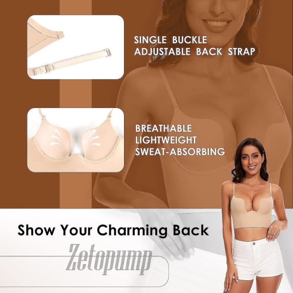 Låg Rygg BH Kompatibel Kvinnor-sömlös Djup U Urringning Rygglös BH Konvertibel Multiway Låg Skuren Öppen Rygg BH Halter BH.32B.Nude Nude 32B