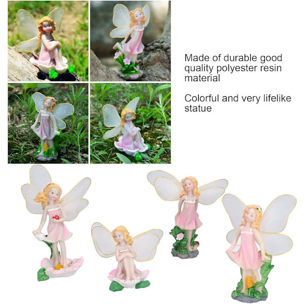 4 blomsterfe-statuer, miniature havefigurer til udendørs brug