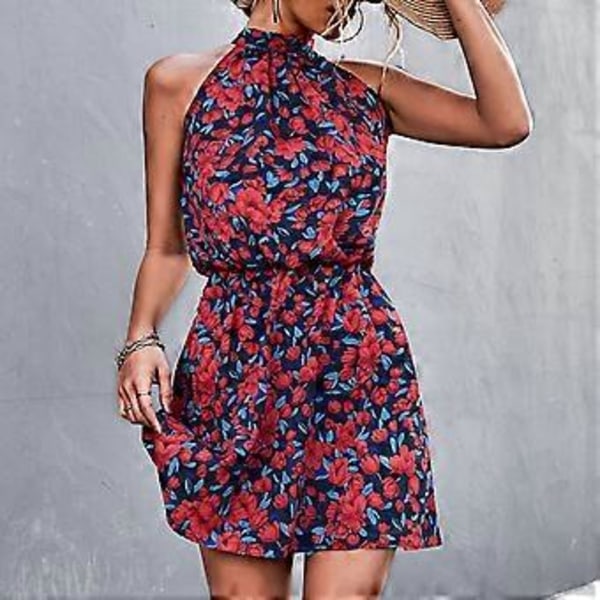 Halterneck Kjole med Bindebånd i Ryggen Kort Kjole Dame Sommer Elegant Elastisk Talje Blomsterprint Kjole til Dates