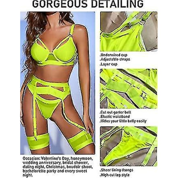 Sexet lingerisæt til kvinder, 4-delt bh- og trusesæt med strømpebælte, stroplingerisæt med lårbånd.XXL.gul Yellow 2XL
