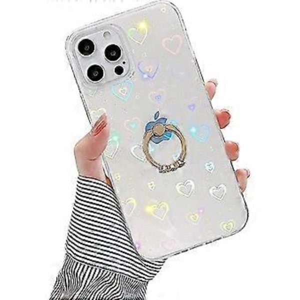 Kompatibel med iPhone 12 Pro Max Cover, Klar Glitrende Bling Laser Stødsikker Beskyttelsescover med Diamant Ring Støtteben Moderigtigt Farverigt Glitter Lov