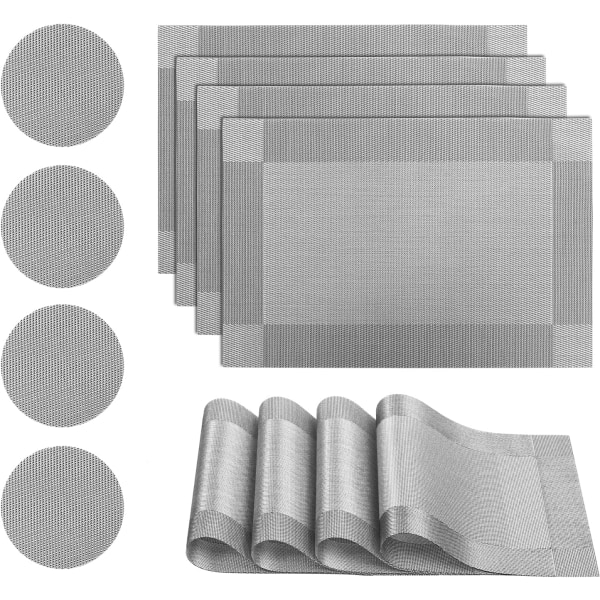 Set med 4 PVC vinyl-plassmatter, varmebestandige, sklisikre, vevde, vaskbare, til kjøkken- og spisestuebord, 45 x 30 cm (sølvgrå)