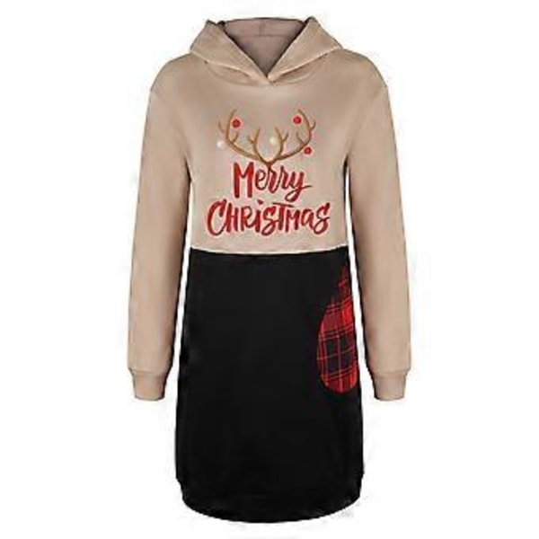Hoodie Klänning Julmönster Färgblock med Sidoficka Långärmad Lös Casual Rundhals Hoodie Klänning