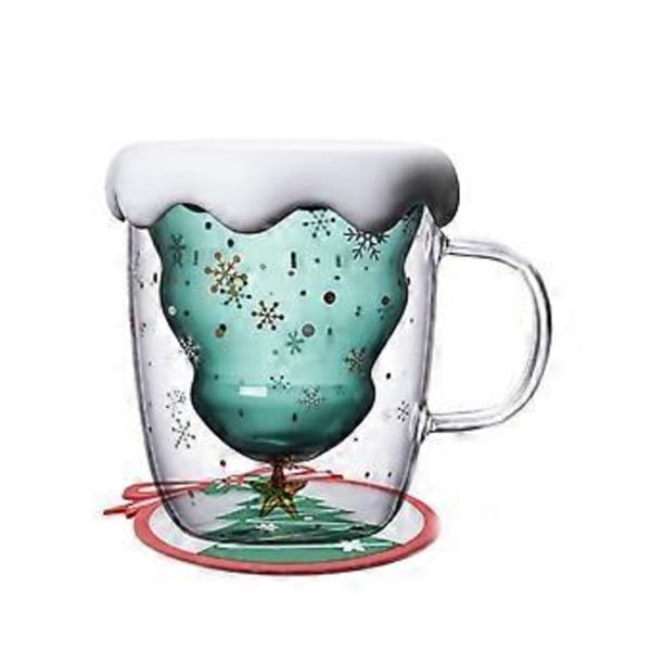 Jul-tema dubbelväggig isolerad glasmugg (med lock) - 300ml söt presentmugg, lämplig för kaffe och te