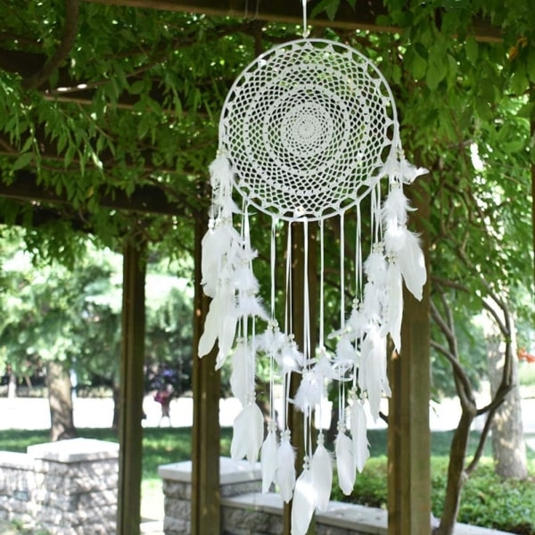 Stor Boho Drømmefanger Hvid Fjer Macrame Vægophæng Vint
