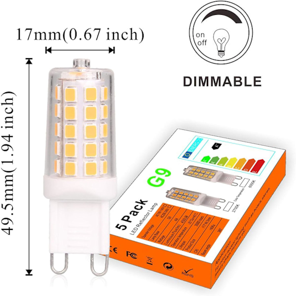 G9 LED-pære, dimbar 4W, tilsvarer 40W T4 G9 halogenpære, 2700K