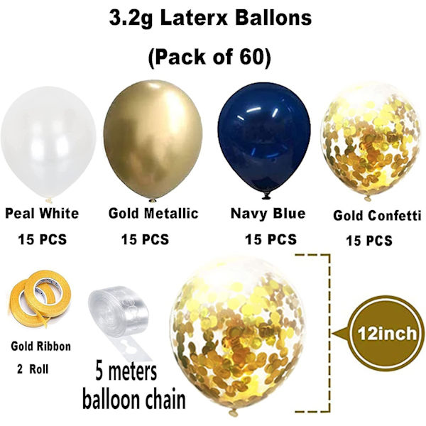 60 st ballonger set, 12 tum marinblå ballonger guld Metallic B