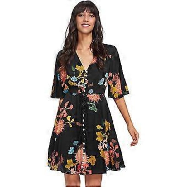 Boheme Dame Kjole med Knapper, Slids og Blomsterprint (style776)