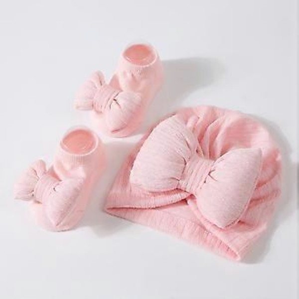 Vauvan hattu- ja sukkasetti, vastasyntyneen lyhytvartinen sukka ja turbaanihattu, muodikas myssy, trendikkäät asusteet 0–3-vuotiaille, vaaleanpunainen light pink