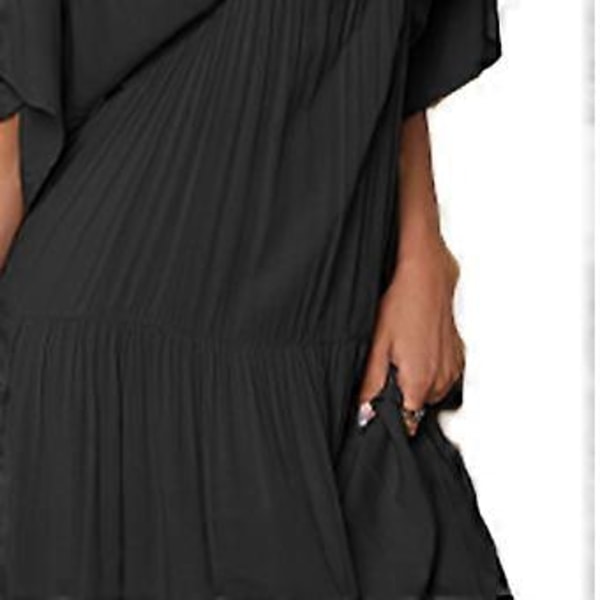 Dame Sommer V-hals ensfarvet flagermusærme ferie swing kjole sort (style5707)