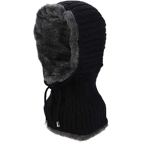 Svart - Herrar Varm Ull Stickad Balaclava 2 i 1 Luva Halsduk Mössa Vinn