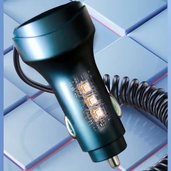 Biltelefon hurtiglader, uttrekkbar ladekabel, 2 USB-porter, 5