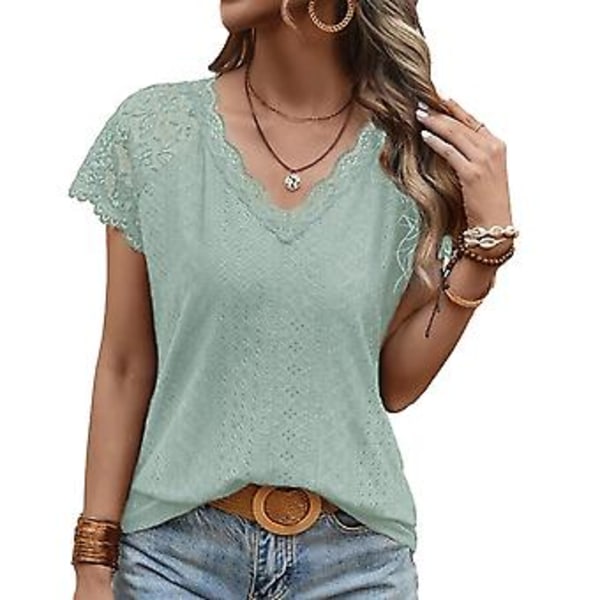 Kortermet bluse for kvinner, V-hals, blondekant, ensfarget, moteriktig, pustende for sommeren (SGrønn) Green S