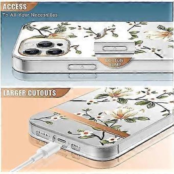 Blomstermønsteretui designet til iPhone 13 Pro 6,1 tommer, klart design til kvinder piger, beskyttende hårdt cover stødsikkert slankt blomstertelefonetui (T