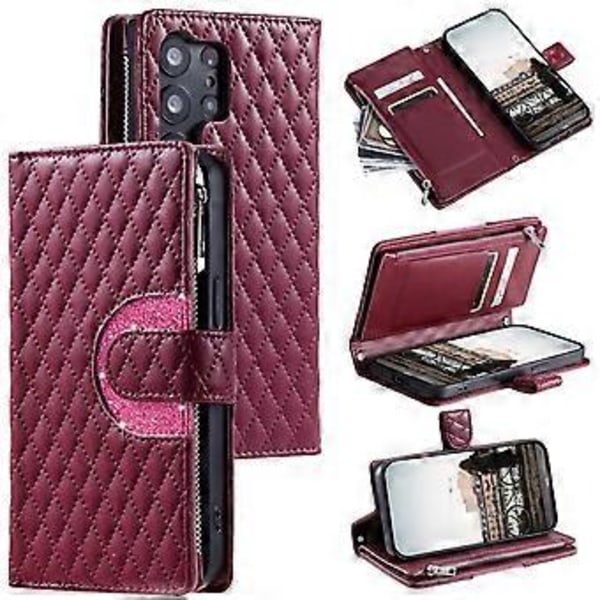 Style 012 til Samsung Galaxy S23 Ultra Etui PU Læder Lynlås Pung Telefon Cover med Håndledsrem Style C