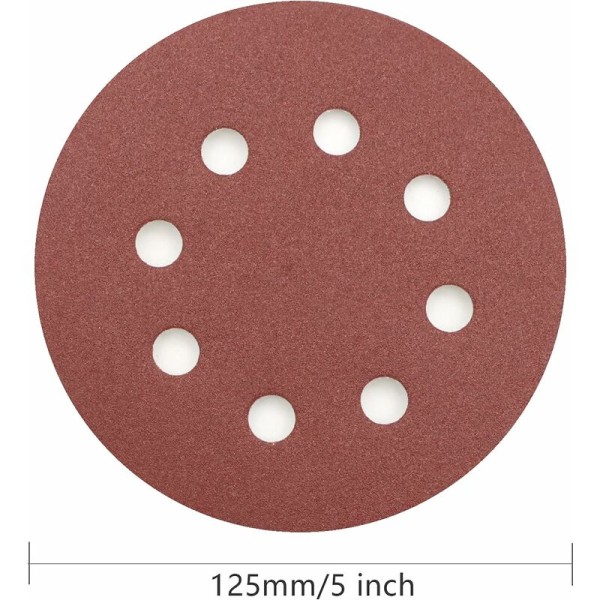 100 stk. 5 tommer runde slibeskiver, 8 huller, 120 grit, til Rando