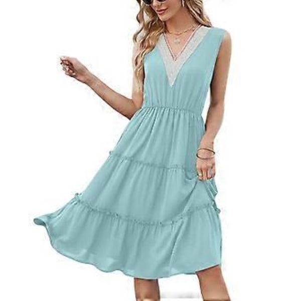 Kesän päivittäinen elegantti mekko yksivärinen midi-mekko hulmuava helma hihaton rento loma-asutyyli naisille rento sininen XXL Blue XXL