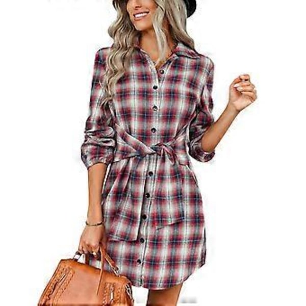 Klänning med bälte, åtsittande midja, långärmad, slag, enkelknäppt, fashionabel rutig klänning för kvinnor