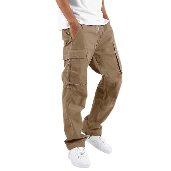 Komfortable arbeidsklær for menn Bomull Lin Multi-lomme Uformell Løs Baggy Long Cargo Pants.L.Khaki