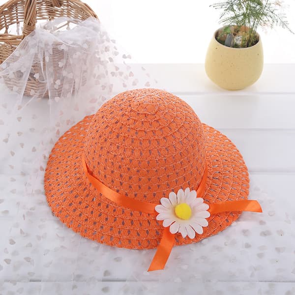 Børne Solhat med Strå, Babysætsæt med Hat og Taske - Orange