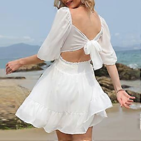 Hvid S Dame Halv Lantern Ærme Kjole med Bindebånd i Ryggen Flæse Off Shoulder Mini Kjole til Sommer