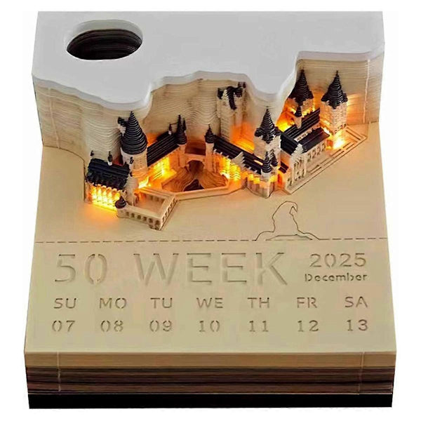 Tidstykke Kalender, 2025 Skrivebords Kalender Memo Pad, 3D Magic Castle Tidstykke Notesblok med Lys