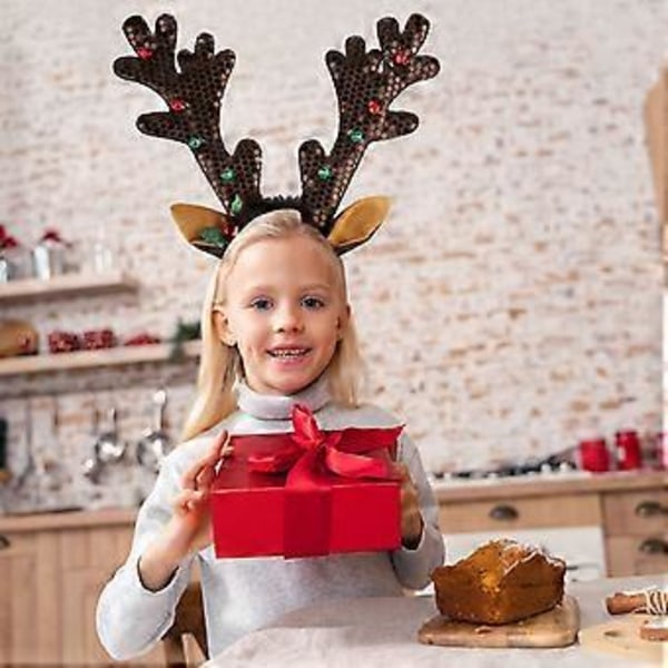 3-pack Brun Renhorn Pannband Ornament Söt Paljett Huvudbonad med Klockor