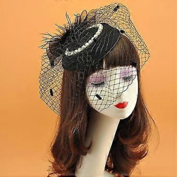 nät rosetter huvudbonad fjäder huvudbonad fascinator slöja pärla derby hatt huvudstycke (Svart)