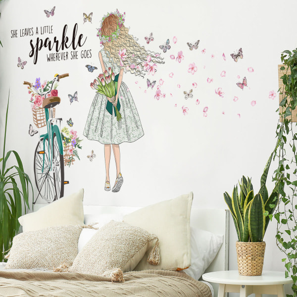 1kpl DIY Fairy Girl Polkupyörän seinätarra Flower Butterflies Wall D