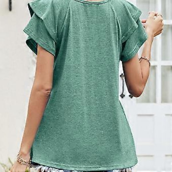 Grøn M Dame Top V-Hals Kort Dobbelt Lag Flæseærme Almindelig Løs Afslappet Komfortabel Sommer T-shirt