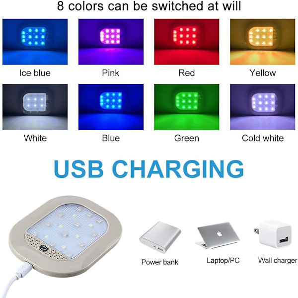 Bil LED Indvendig Loftslys, USB Genopladelig 8 Farver LE