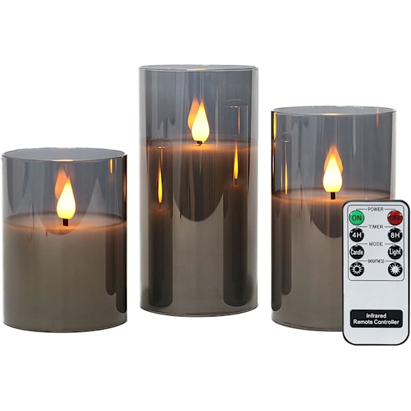 Set med 3 LED-ljus i glas med fjärrkontroll, H10cm/ 12.5cm/ 15
