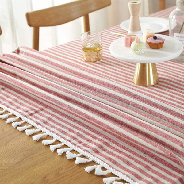 Randig Bomullslinne Duks med Fransar, Fläcktålig/(Rektangel