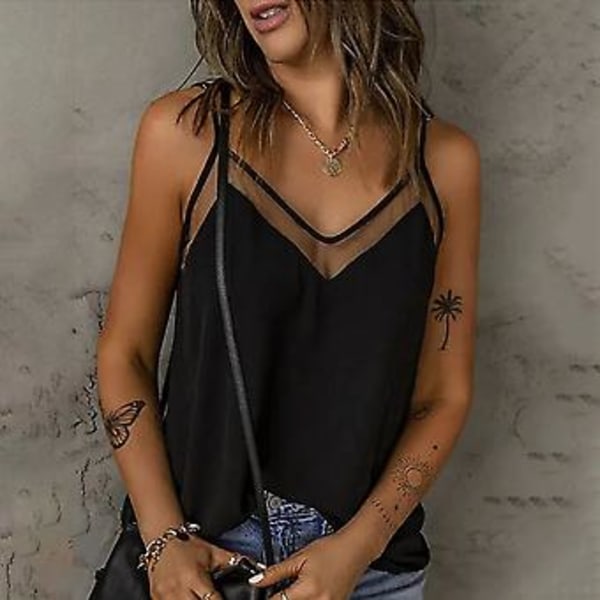 Dame Sommer Topp Casual Spaghettistropp Ermeløs V-hals Gjennomsiktig Mesh Ensfarget Skjorte Topp (XLBlack) Black XL