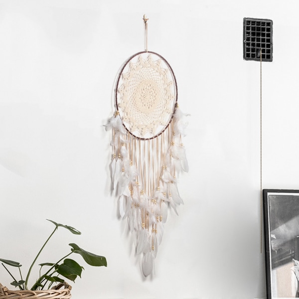 Boho Drømmekatcher med Lys - Stor Hvid Fjer Macrame Væghæng