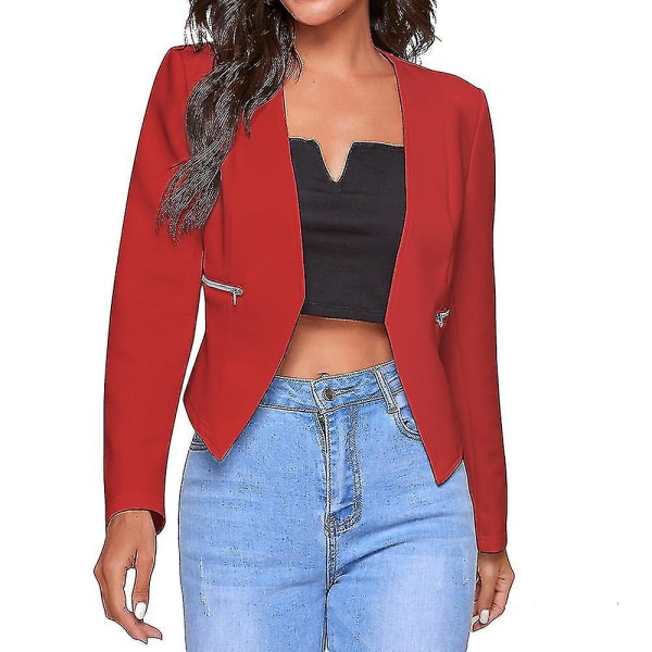 Dam Långärmad Mini Blazer Kostymjacka Casual Office Cardigan Bolero Shrug.3XL.Röd